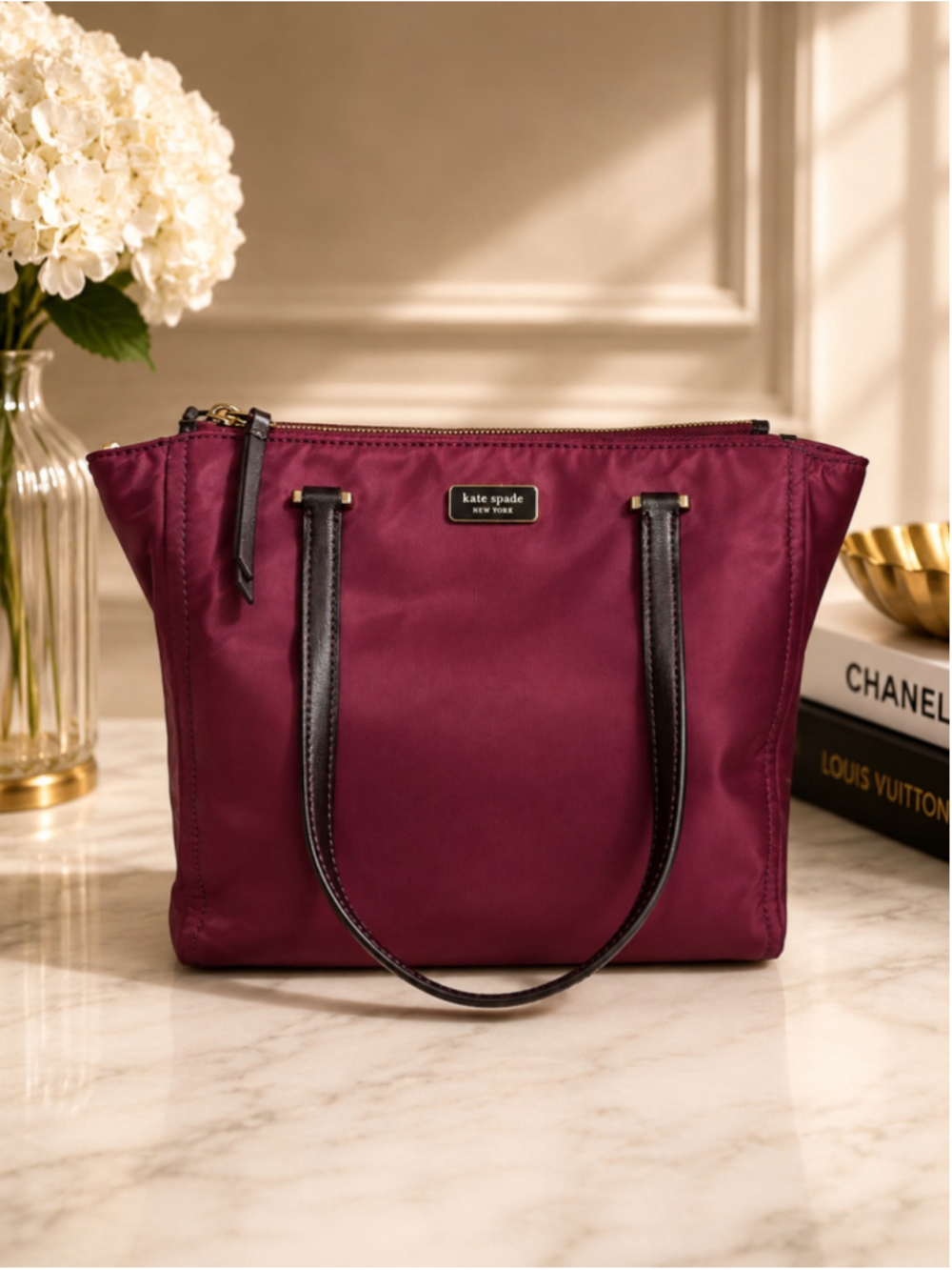 Kate Spade Nylon Shoulder Bag with optional Crossbody Strap
Burgundy and Black